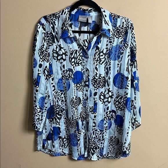 Chico’s Women’s Size 2 (Large) Geometric Shape Print Sheer Button Up Blouse NWOT - Picture 1 of 4